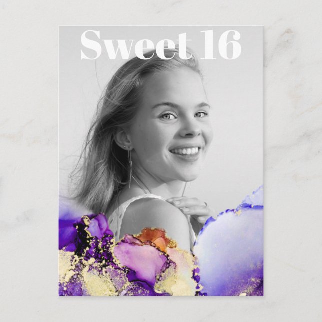Invitation Carte Postale *~* Sweet 16 Anniversaire Photo OR PURPLE ROSE AP2 (Devant)