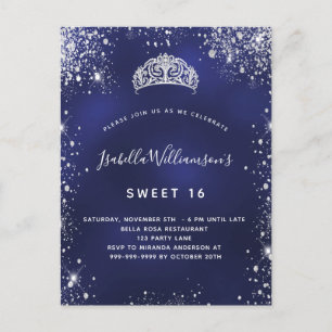 Invitation Carte Postale Sweet 16 bleu argent parties scintillant poussière