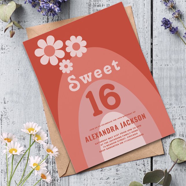 Invitation Carte Postale Sweet 16 fête d'anniversaire Super Orange Floral (Sweet 16 Retro arch groovy orange floral 16th birthday party budget invitation postcard )