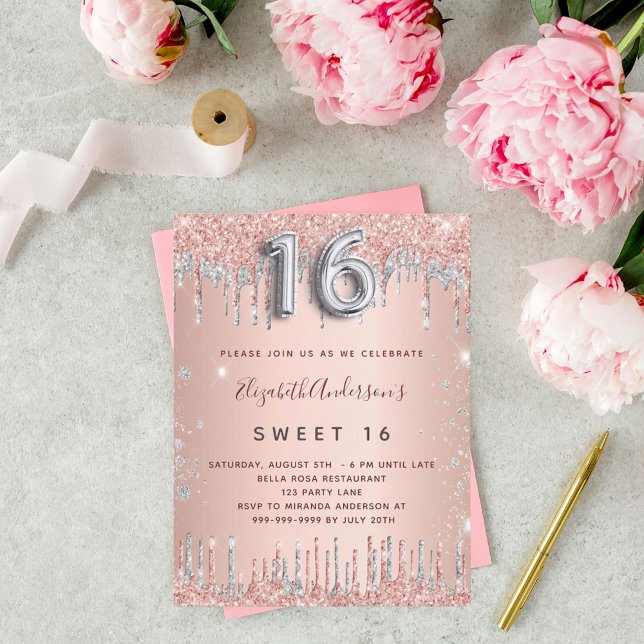 Invitation Carte Postale Sweet 16 rose or argent parties scintillant annive (Créateur téléchargé)
