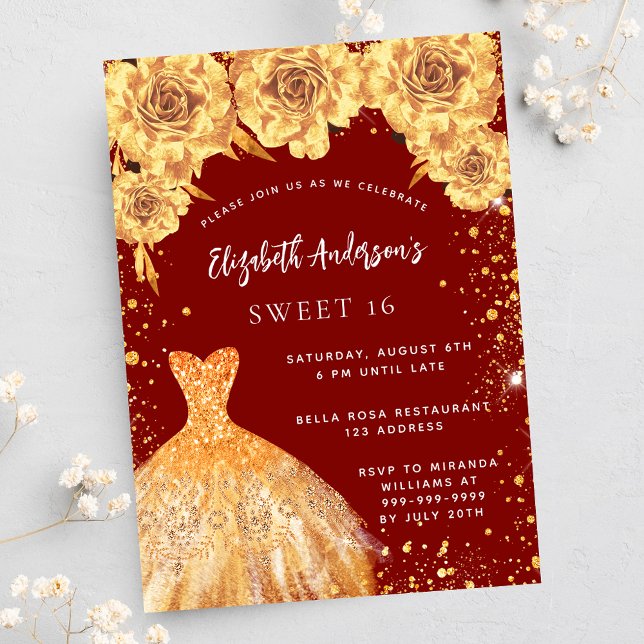 Invitation Carte Postale Sweet 16 rouge parties scintillant robe rose (Créateur téléchargé)
