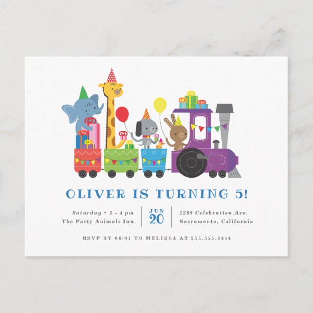 Invitation Carte Postale Sweet Party Animaux Train Enfants fête d'anniversa (Devant)