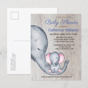 Invitation Carte Postale Sweet Rustic Elephant Blue Boy Baby shower Invitat
