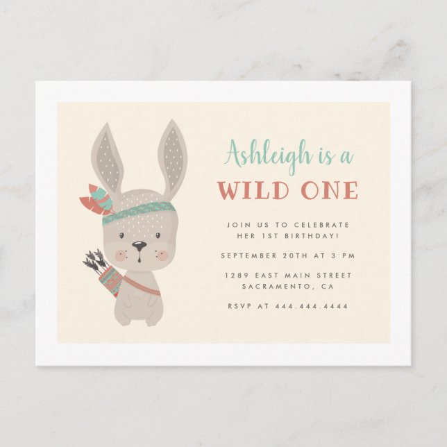 Invitation Carte Postale Sweet Tribal Bunny Wild Un 1er anniversaire (Devant)