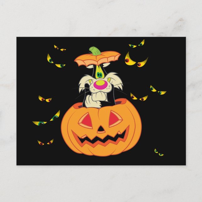 Invitation Carte Postale SYLVESTER™ Caché dans une Citrouille de Halloween (Devant)