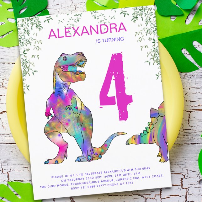 Invitation Carte Postale T Rex Dinosaur Filles Anniversaire (T-Rex stegosaurus dinosaur girls 4th birthday party budget invitation postcard modern bright colors )