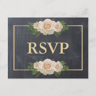 Invitation Carte Postale Tableau Noir Rose Blanche Cadre Doré RSVP Repas