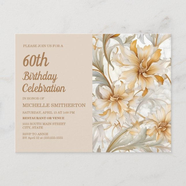 Invitation Carte Postale Tan Champagne Floral Femmes 60e anniversaire (Devant)