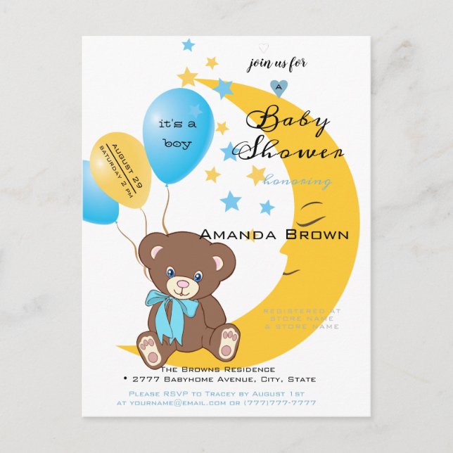 Invitation Carte Postale Teddy Bear assis sur la Lune | Baby Boy Shower (Devant)