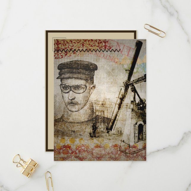 Invitation Carte Postale Télescope scientifique de l'inventeur Steampunk de (Devant/Arrière en situation)