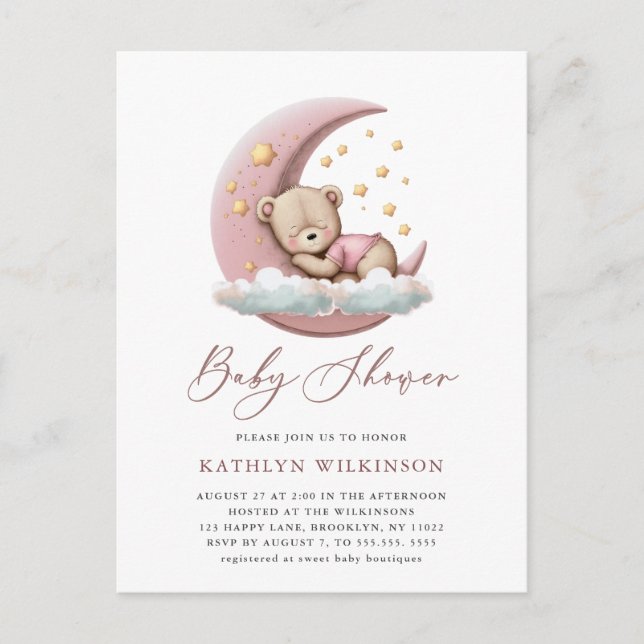 Invitation Carte Postale Terracotta Lune rose Teddy ours Baby shower fille (Devant)