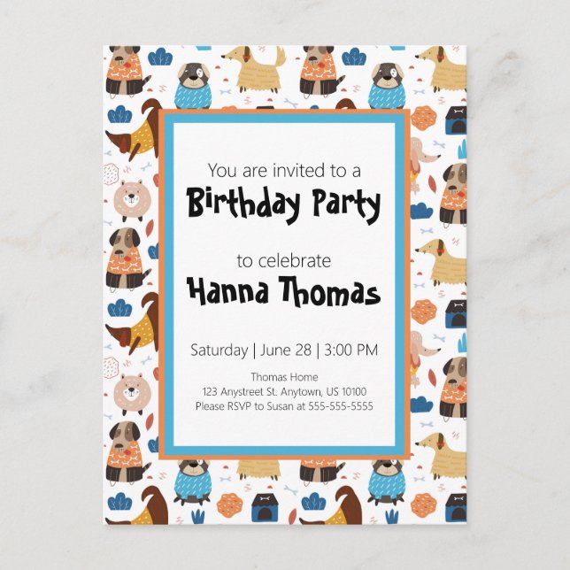 Invitation Carte Postale Thème d'anniversaire du chien de caricature mignon (Devant)