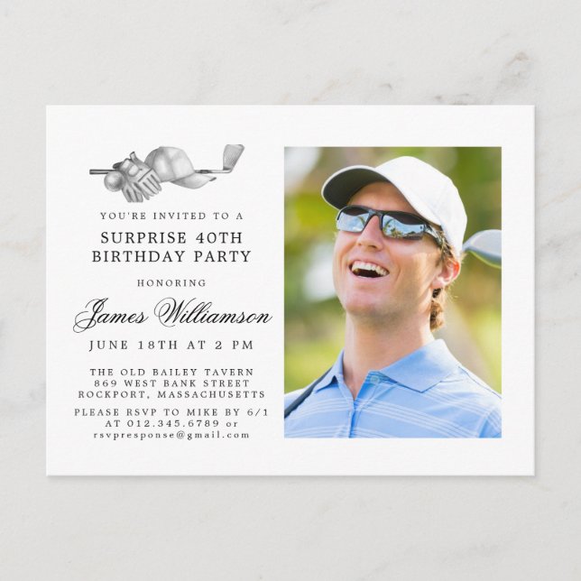 Invitation Carte Postale Thème de golf 40ème SURPRISE Anniversaire Photo (Devant)