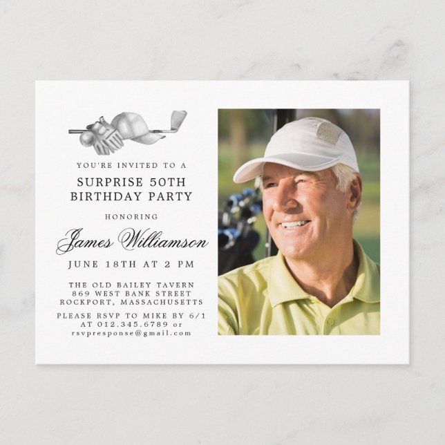 Invitation Carte Postale Thème de golf 50ème SURPRISE Anniversaire Photo (Devant)