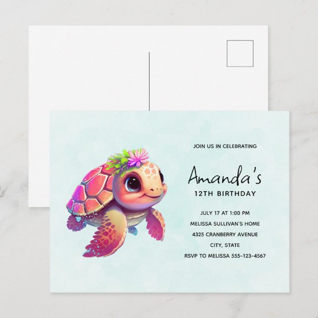 Invitation Carte Postale Tortue de mer rose Whimsical & mignon Anniversaire (Devant / Derrière)