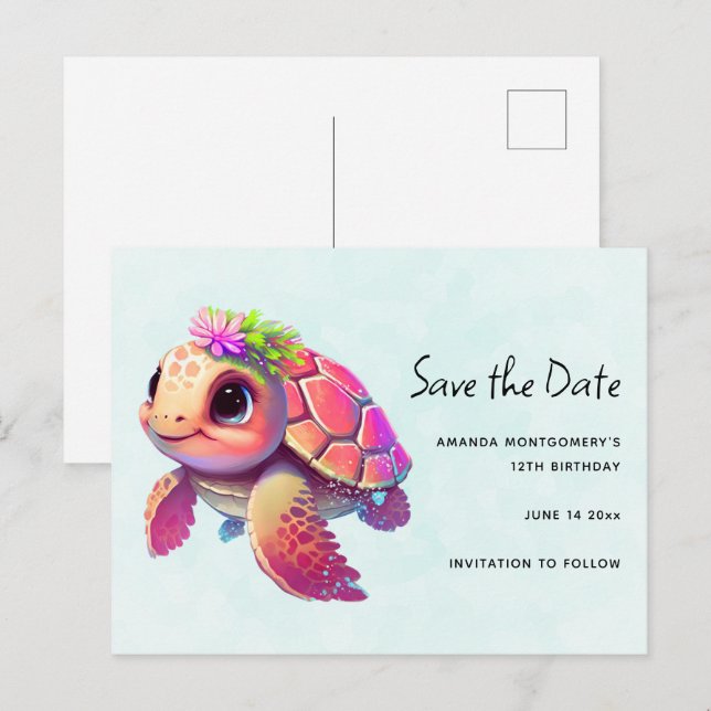 Invitation Carte Postale Tortue de mer rose Whimsical & mignonne Enregistre (Devant / Derrière)