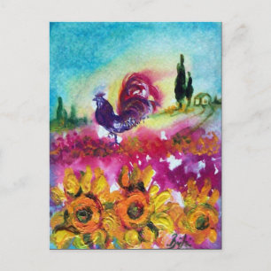Invitation Carte Postale TOURNE-SOLS ET COQ NOIR Champs de fleurs
