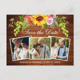 Invitation Carte Postale Tournesol en bois rustique Sauvez la date Photo