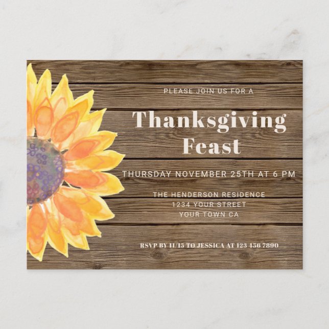 Invitation Carte Postale Tournesol Grange Wood Thanksgiving Dîner Invitatio (Devant)