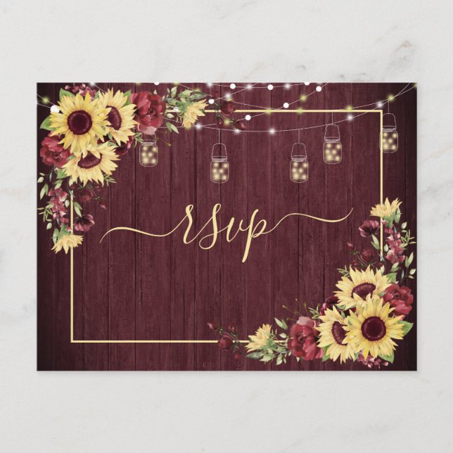 Invitation Carte Postale Tournesol Rustique Bourgogne Bois Floral RSVP Pas  (Devant)