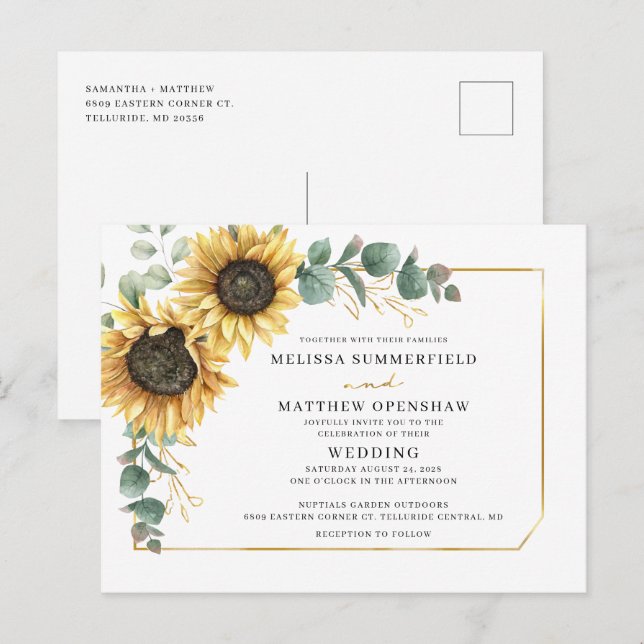 Invitation Carte Postale Tournesol vert Mariage géométrique (Devant / Derrière)