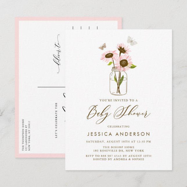Invitation Carte Postale Tournesols roses dans le Baby shower Mason Jar (Devant / Derrière)