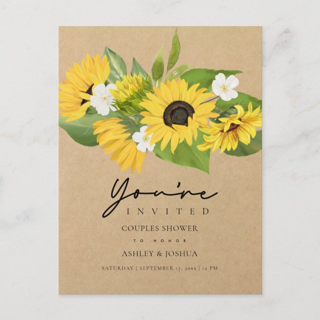 Invitation Carte Postale Tournesols rustiques chic Kraft Papier Douche Coup (Devant)