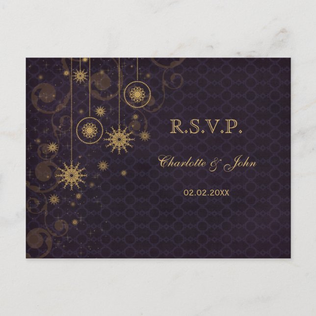 Invitation Carte Postale Tourteaux de neige rustiques en or violet Mariage  (Devant)