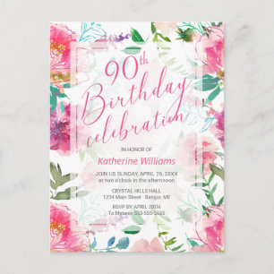 Invitation Carte Postale Tout âge Tropical Floral Peony rose 90e anniversai