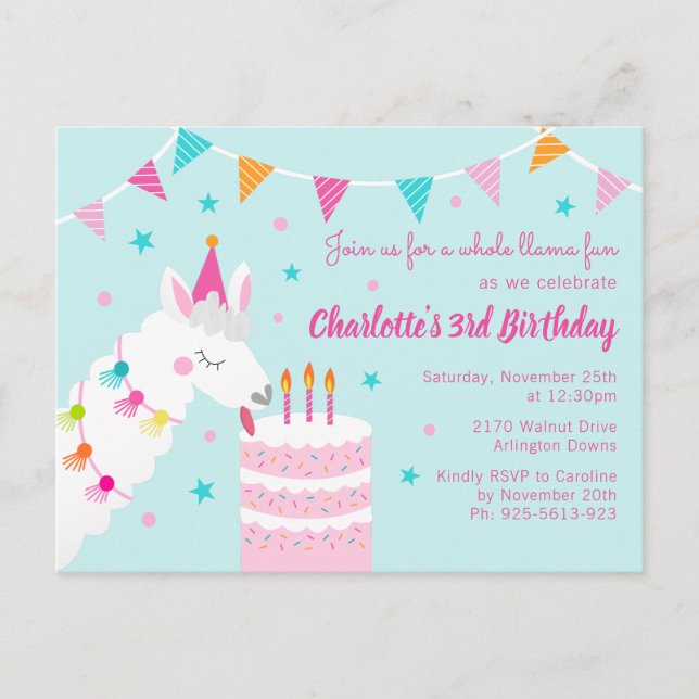 Invitation Carte Postale Tout Llama Fun Cake 3ème Anniversaire Aqua (Devant)