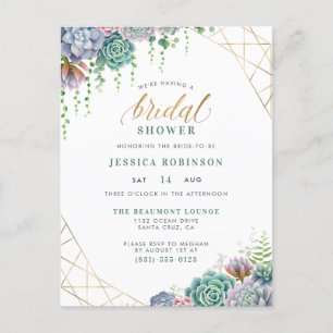 Invitation Carte Postale Trame Or Succulente & Fête des mariées Script chic