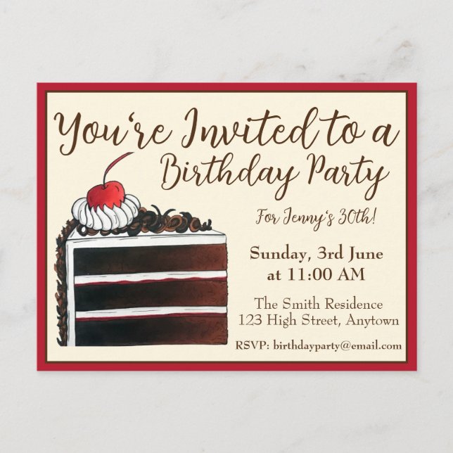 Invitation Carte Postale Tranche de gâteau forêt noire Cherry Fête d'annive (Devant)