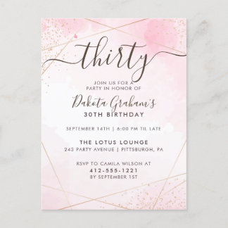 Invitation Carte Postale Trente Script Aquarelle rose fête d'anniversaire
