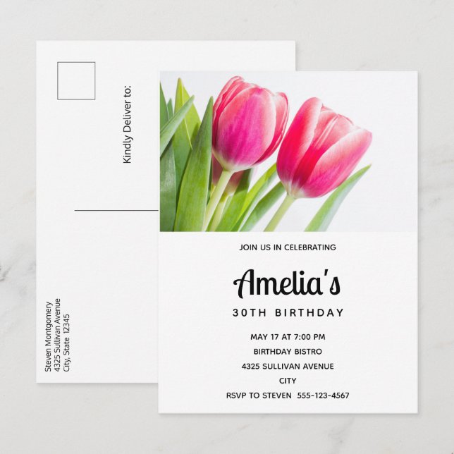 Invitation Carte Postale Tulipes roses avec Feuilles verts Photo Anniversai (Devant / Derrière)