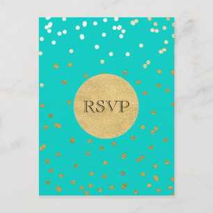 Invitation Carte Postale Turquoise Bleu & Or Confetti Brillants Points RSVP