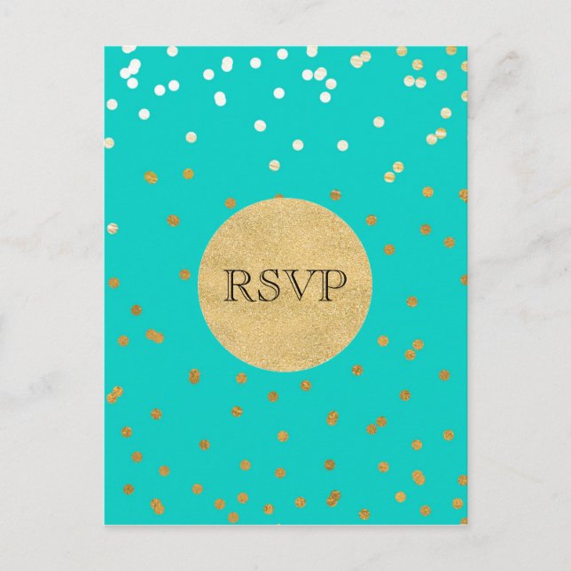 Invitation Carte Postale Turquoise Bleu & Or Pailleté Confetti Points RSVP (Devant)