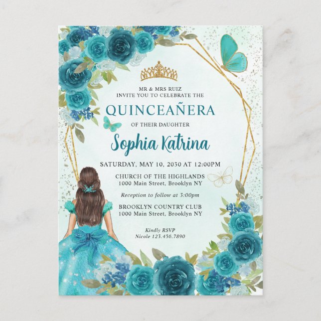 Invitation Carte Postale Turquoise Verte Glam Or Floral Princesse Quinceañe (Devant)