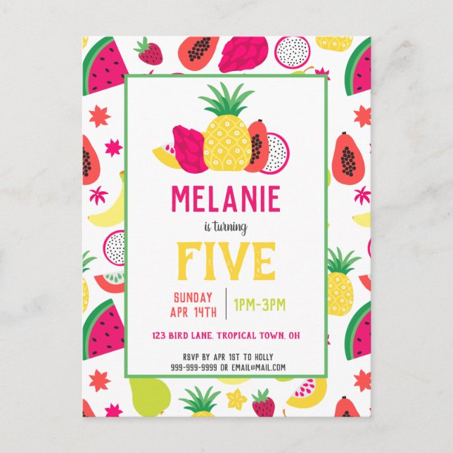 Invitation Carte Postale Tutti Frutti Fruit Tropical Anniversaire (Devant)