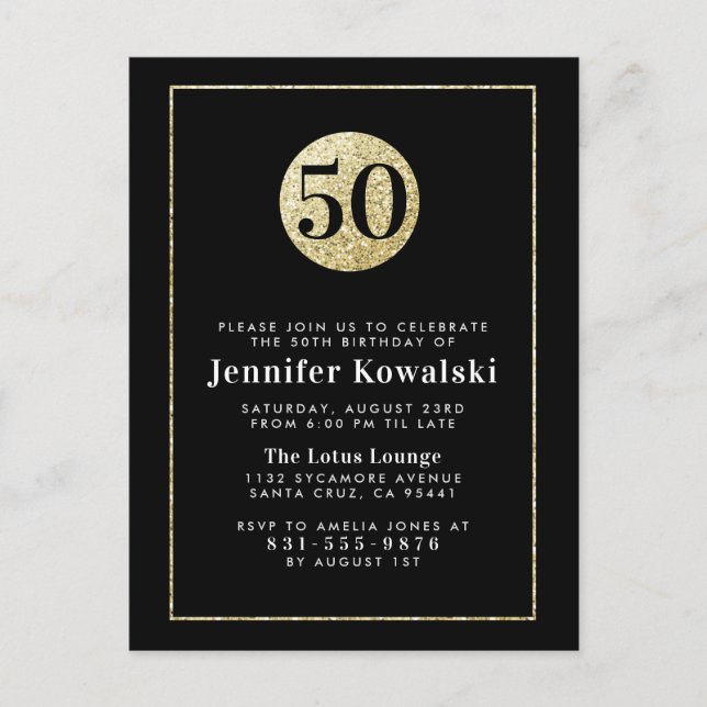 Invitation Carte Postale Typographie moderne Black & Gold 50e anniversaire  (Devant)