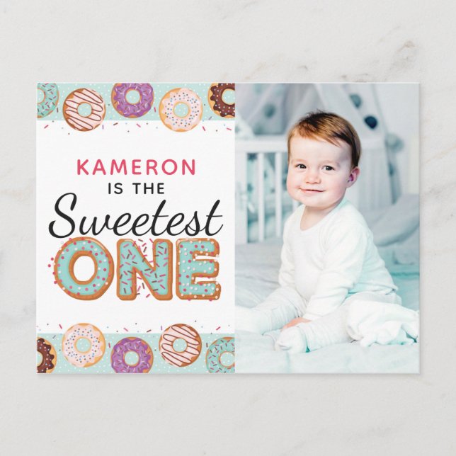 Invitation Carte Postale UNE Bleue Bleue Iced Donuts Premier Anniversaire P (Devant)
