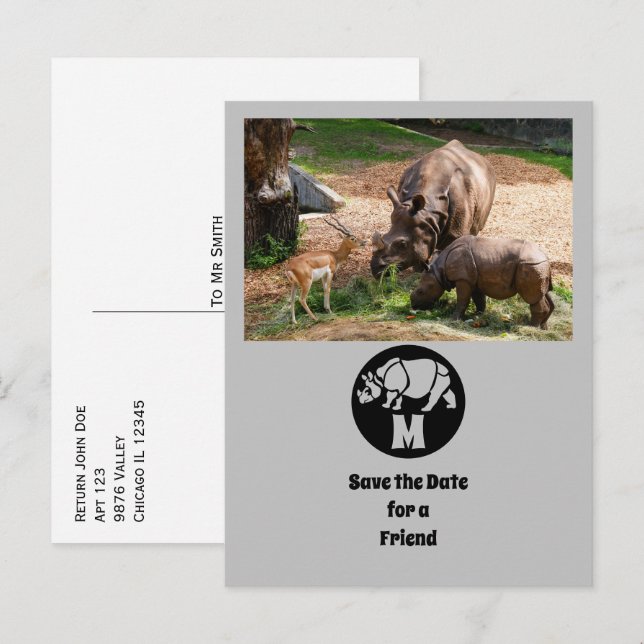Invitation Carte Postale Unicorn Rhino Silhouette Monogramme Photo (Devant / Derrière)