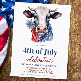 Invitation Carte Postale Vache patriotique 4 juillet Rouge Blanc & Bleu