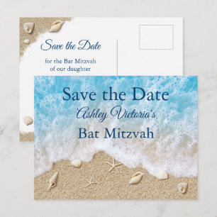 Invitation Carte Postale Vagues de la plage bleue Bat Mitzvah Enregistrer l