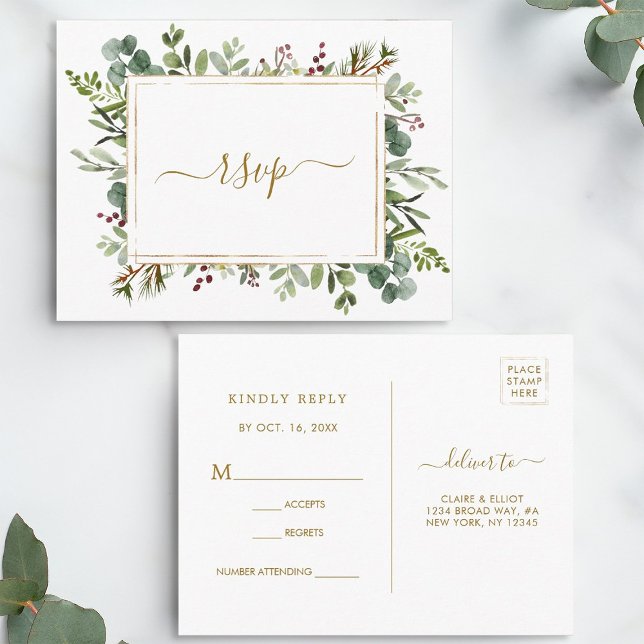 Invitation Carte Postale Végétation botanique Noël Mariage d'or RSVP (Front & Back)