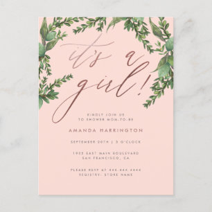 Invitation Carte Postale Verdure luxuriante Rose or C'est un Baby shower po