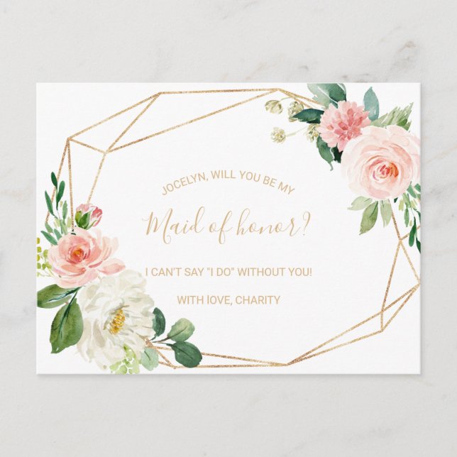 Invitation Carte Postale Verdure & Or Géométrique Élégante Maid of Honor (Devant)