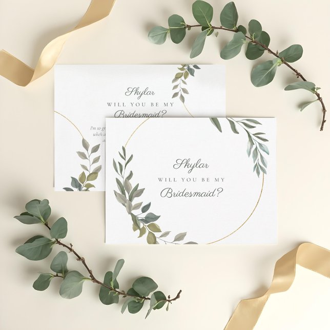 Invitation Carte Postale Verdure & Or Minimal Serez-Vous Ma Femme D'Accueil (Minimal Greenery & Gold Will You Be My Bridesmaid Invitation Postcard)