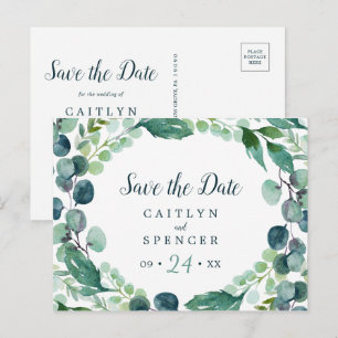 Invitation Carte Postale Vert verdoyant & Eucalyptus Enregistrer la date Ca