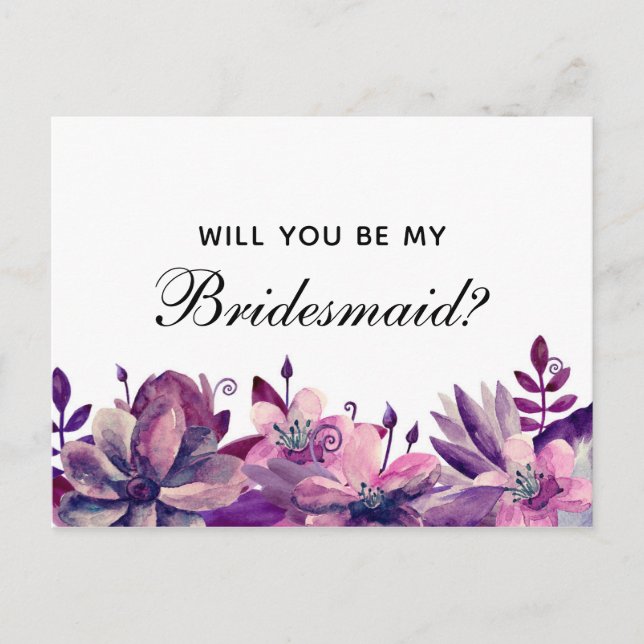 Invitation Carte Postale Veux-tu être ma demoiselle d'honneur. Fleurs viole (Devant)