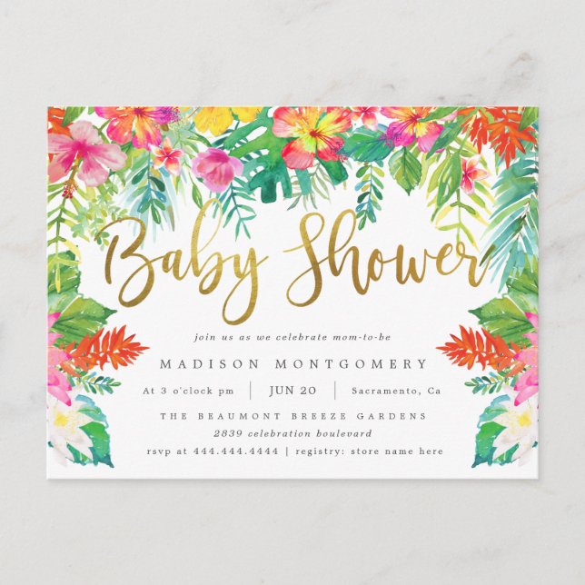 Invitation Carte Postale Vibrant Hibiscus Tropical Foliage Baby shower Or (Devant)